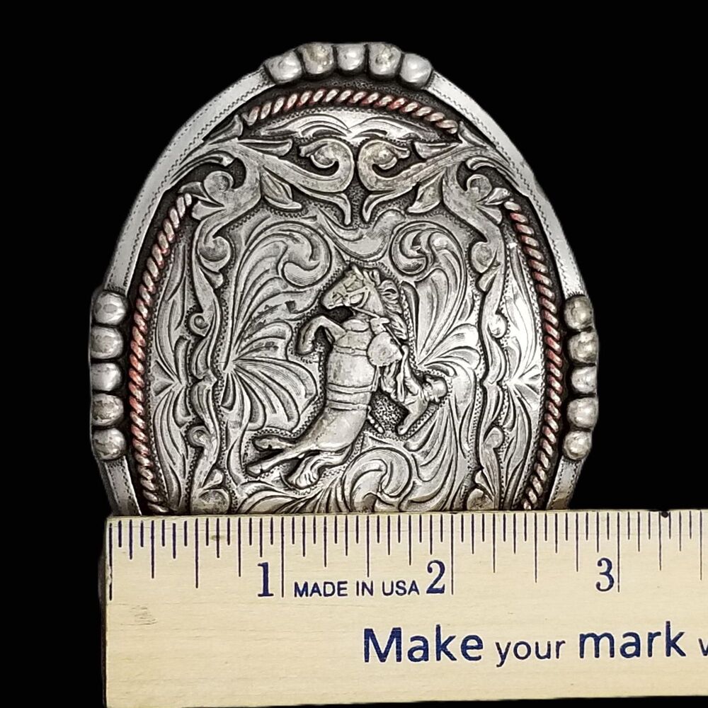 Bronco Rider Western Belt Buckle, Engraved Scroll Rodeo Design - Picture 10 of 10